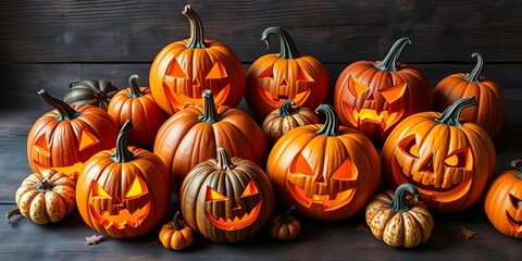 Spooky carved pumpkins, varying sizes & designs, on rustic wood, halloween scene, halloween