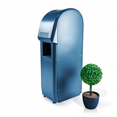 A blue mailbox and a small potted tree stand together against a white background