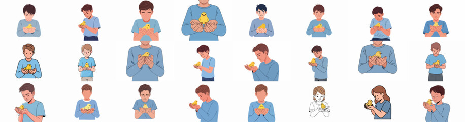 Collection of illustrations featuring young people tenderly holding a small yellow chick in their cupped hands, symbolizing care, childhood, and new life.