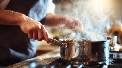 In a warm kitchen filled with light, a young man in a blue apron stirs a pot on the stove. Steam rises as he skillfully blends flavors, lost in his culinary creation