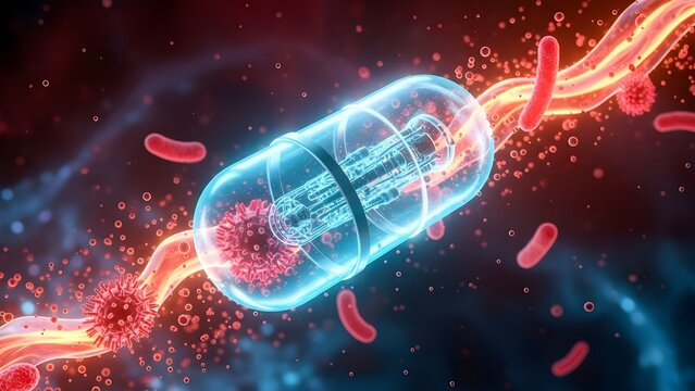 Concepto de p&iacute;ldora medicinal mejorada por IA para la atenci&oacute;n sanitaria del futuro.
 P&iacute;ldora que simboliza la integraci&oacute;n de la inteligencia artificial en el desarrollo de futuros tratamientos sanita