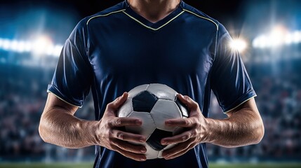 A soccer player holds the ball firmly on a brightly lit stadium field, ready for the game