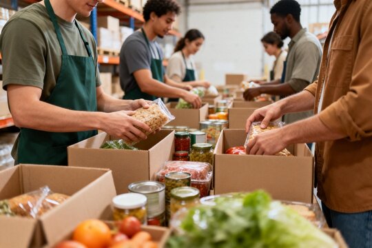 People packing food boxes in warehouse - Powered by Adobe