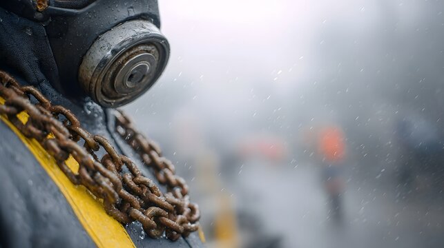 A person wearing a gas mask and protective gear with a heavy chain in the rain blurred industrial background - Powered by Adobe