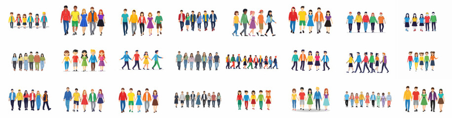 Set of colorful vector groups of diverse young people and teenagers walking and standing, representing friendship and social networks.