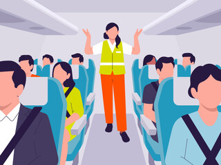 A flight attendant stands in an airplane aisle demonstrating safety procedures while passengers listen attentively, signifying commitment to safety during air travel.
