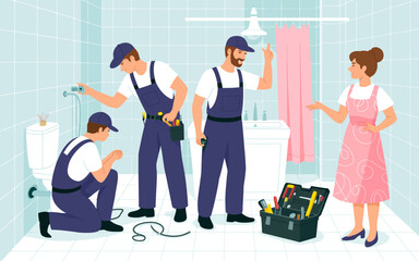A busy bathroom scene with professional plumbers working diligently on repairs, showcasing teamwork and expertise in home maintenance and the importance of functional amenities.