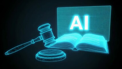 A glowing gavel and digital law book with ai symbol on dark neon field, representing technology ethics and advanced process control governance