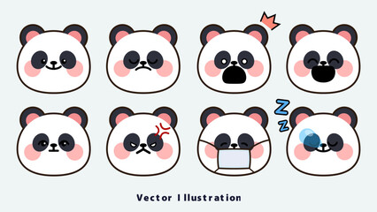 Cute panda face emoji set showing various emotions such as happy, sad, angry, surprised and sleeping. Simple flat vector illustration suitable for stickers, chat apps, UI and graphic design. © Peppie