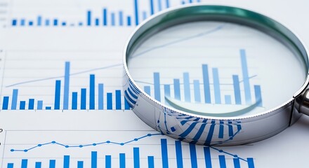 Magnifying glass over a bar chart and line graph showing financial data and analytics, representing business growth and research