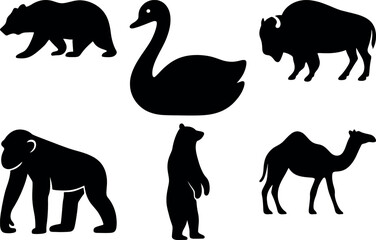Set of wild animal silhouettes including walking bear, swan, bison, gorilla, standing bear, and camel, isolated on white background for nature and wildlife design