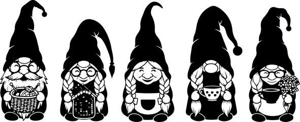 Gnome Silhouette SVG Bundle &ndash; Cute Scandinavian Gnomes with Hats and Lanterns, Christmas & Fantasy Clipart