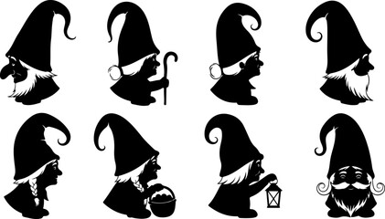 Gnome Silhouette SVG Bundle &ndash; Cute Scandinavian Gnomes with Hats and Lanterns, Christmas & Fantasy Clipart
