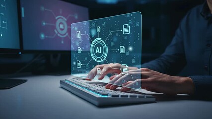 A person typing on a laptop with holographic file links merging to ai symbol, showing data automation and advanced process control workflows - Powered by Adobe