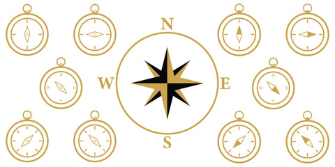 Compass icon set for direction and navigation. Vector illustration of magnetic compasses in outline, solid. Vintage compass rose illustration with cardinal directions. Compass icon for mobile apps set © Hike Studio 786