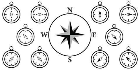 Compass icon set for direction and navigation. Vector illustration of magnetic compasses in outline, solid. Vintage compass rose illustration with cardinal directions. Compass icon for mobile apps set © Hike Studio 2