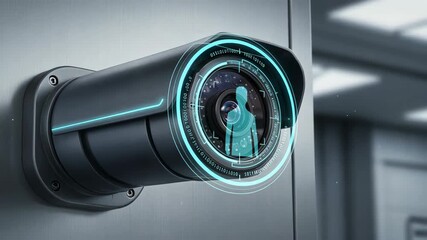 A high tech security camera with holographic rings and data overlays, showing smart monitoring and advanced process control surveillance - Powered by Adobe
