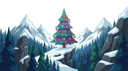 decorated Christmas tree stands in a snowy mountain valley, surrounded by pine forests, glowing ornaments, and winter light, creating a majestic and peaceful holiday landscape © Evan