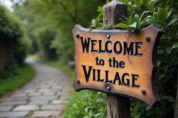 A medieval-style wooden �Welcome to the Village� sign beside a stone path.