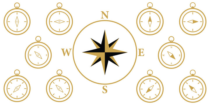 Compass icon set for direction and navigation. Vector illustration of magnetic compasses in outline, solid. Vintage compass rose illustration with cardinal directions. Compass icon for mobile apps set