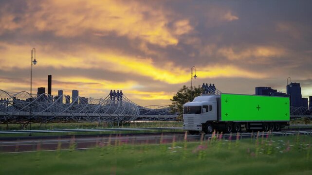 White Semi Truck Driving on Highway at Sunset with Green Screen Trailer for Advertisement Mockup
