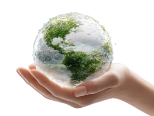 a hand holding a small. stylized globe featuring a vibrant earth with green foliage and urban structures. including wind turbines. symbolizing sustain
