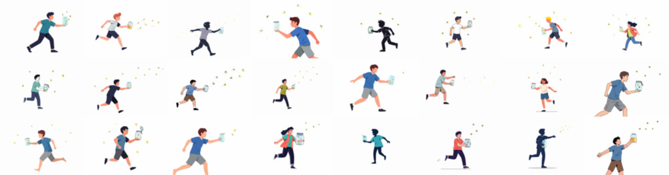 Set of vector illustrations depicting children and young adults running and catching glowing fireflies in jars, celebrating summer fun and nature exploration.