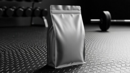 Sleek, monochromatic silver stand-up pouch with a matte finish and resealable zipper, prominently displayed on a textured diamond plate floor in a dimly lit gym setting with blurred weightlifting