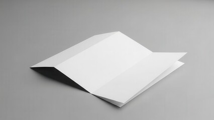Pristine, blank, white tri-fold brochure mockup crafted from smooth, high-quality paper stock is elegantly displayed in a slightly angled, open position under soft, diffused studio lighting against a