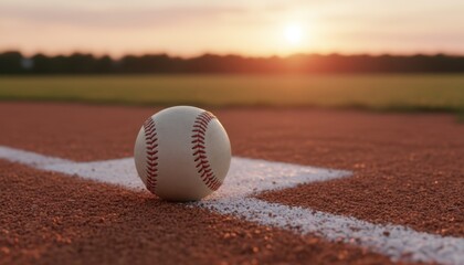 A baseball resting on the dusty infield dirt near the white foul line during a warm sunset on a baseball field.