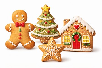 Set of decorated Christmas gingerbread cookies including a gingerbread man, tree, star, and house, isolated on a white background.