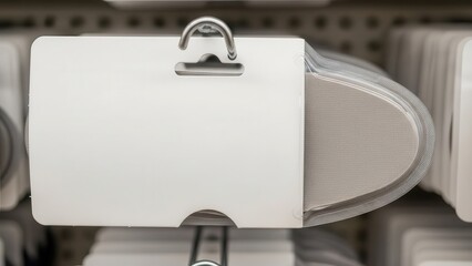 Pristine, blank white cardboard retail price tag with a clear plastic protective cover, hanging neatly from a metal hook within a well-organized store shelving system, illuminated by soft, diffused