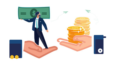 Financial contribution. Businessman takes a loan, gold coins in business hands. Investor invests money, deposit, people, contract, wealth presentation Get a high paying job, poster Vector illustration