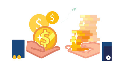 Golden dollar coins in the hands of businessmen. Financial contribution, loan. Business, people take a loan from the bank. Deposit, contract, wealth. Get a high paying job, poster. Vector illustration