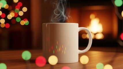 Warm, inviting, and subtly festive ceramic coffee mug emitting delicate wisps of steam, positioned on a polished wooden surface against a blurred backdrop of twinkling Christmas lights and a cozy