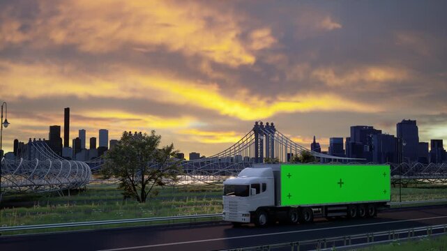 White Semi Truck Driving on Highway at Sunset with Green Screen Trailer for Advertisement Mockup