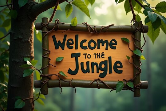 A bamboo �Welcome to the Jungle� sign dangling from vine-wrapped branches.