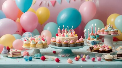 Colorful Dessert Table With Cupcakes and Balloons for a Birthday Celebration at a Party Setting in the Afternoon