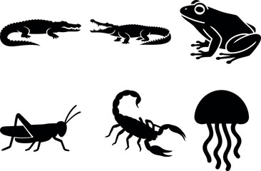 Vector silhouettes of reptiles and invertebrates including crocodiles, frog, grasshopper, scorpion, and jellyfish.