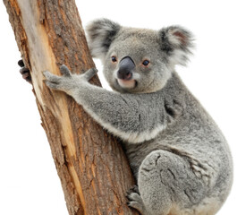Naklejka premium Adorable fluffy grey koala with soft fur and a gentle expression clings to a rough textured eucalyptus tree trunk, looking directly at the viewer with curious, isolated on transparent background.