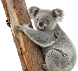 Adorable fluffy grey koala with soft fur and a gentle expression clings to a rough textured eucalyptus tree trunk, looking directly at the viewer with curious, isolated on transparent background.