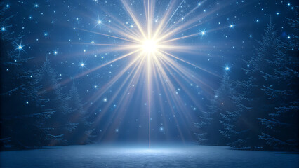A glowing blue abstract background featuring a bright star burst and shining light rays across a night sky universe design for a festive Christmas backdrop or disco energy illustration