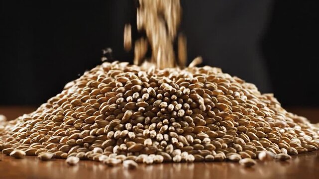 Golden grains falling into a large mound of cereal on a warm brown surface