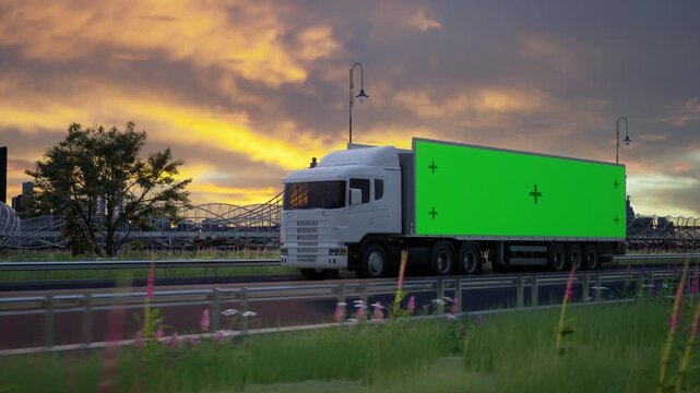 White Semi Truck Driving on Highway at Sunset with Green Screen Trailer for Advertisement Mockup