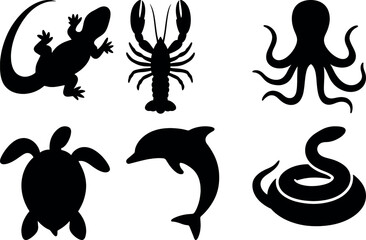 Marine and reptile silhouettes including octopus, dolphin, sea turtle, lobster, lizard, and coiled snake in black vector.