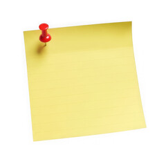 Yellow note with red thumbtack isolated on transparent background