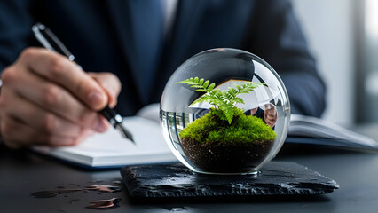 Crystal ball containing a fern plant on a slate coaster with a businessman writing in background.