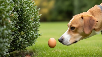 Dog sniffing a floating brown egg near a green bush in a garden canine puppy