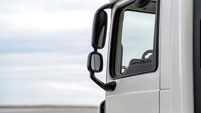 Truck detail shows side mirror & partially visible interior, set against a soft sky. Sleek white exterior, functional design embodies transportation & logistics.