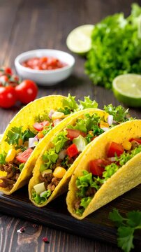 Three tasty tacos shells filled with meat, vegetables, and salsa arranged on a dark wooden surface, complemented by lime, tomato, lettuce
